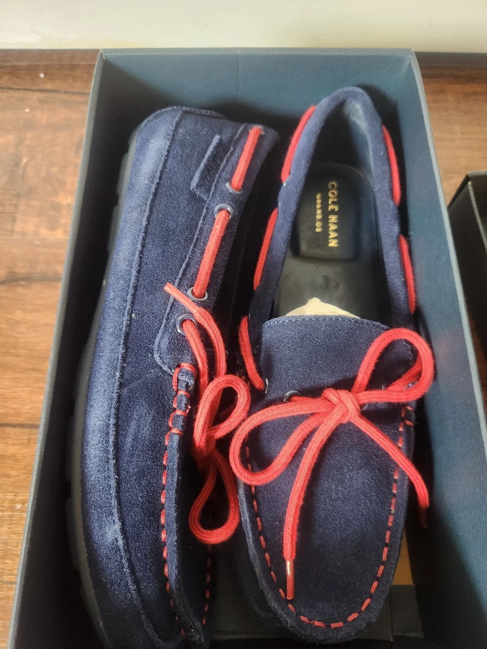 Cole Haan Navy Suede Moccasin Loafers with Red Laces